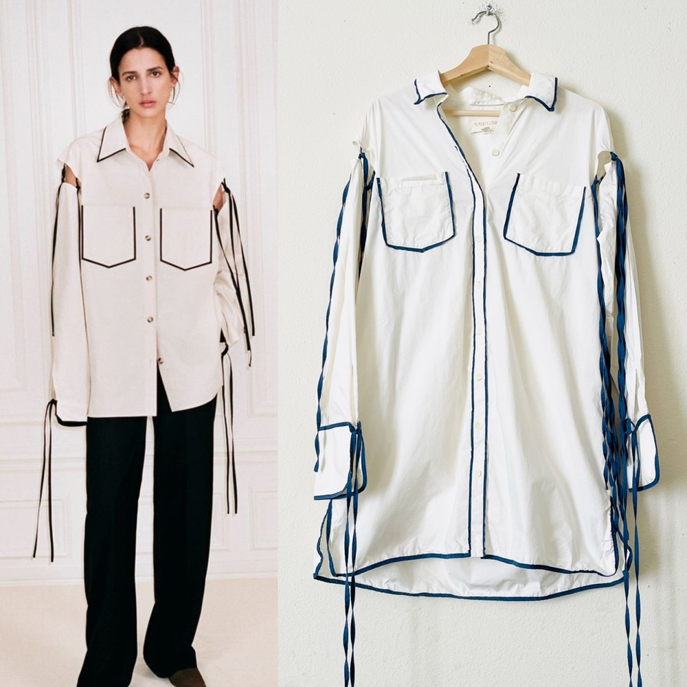 Sunset Lover SIZE 6 white & blue contrast tie shoulder long shirt